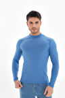 Erkek Dik Yaka Slim Fit Pamuk Likra Tişört-Koyu Mavi