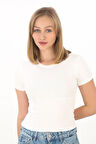 Crop Slim Fit Pamuk Likra Tişört-Ekru