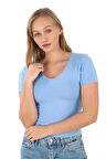 V Yaka Slim Fit Crop Tişört-Mavi