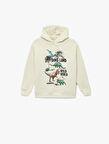 Şardonlu Dinozor Baskılı Uzun Kollu Kapşonlu Sweatshirt