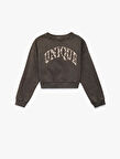 Baskılı Uzun Kollu Bisiklet Yaka Crop Sweatshirt