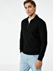Uzun Kollu Basic Dokulu Yarım Fermuarlı Polo Yaka Sweatshirt