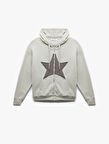 Yıldız Baskılı Şardonlu Kapüşonlu Kanguru Cepli Oversize Fermuarlı Sweatshirt