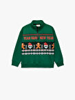 Şardonlu Uzun Kollu Yılbaşı Temalı Yarım Fermuarlı Dik Yaka Baskılı Sweatshirt