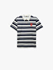 Pamuklu Çizgili Nakış Detaylı Kısa Kollu Polo Yaka Tişört