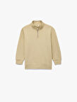 Dik Yaka Uzun Kollu Yarım Fermuarlı Pamuklu Basic Sweatshirt