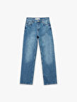 Yüksek Bel Cepli Düğmeli Düz Paça Jean Pantolon - Straight Fit Jean