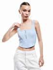 Kare Yaka Korse Detaylı Kolsuz Slim Fit Crop Bluz