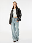 Normal Bel Geniş Paça Taş Detaylı Pamuklu Jean Pantolon - Wide Leg Jeans
