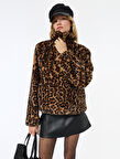 Suni Kürk Mont Leopar Desenli Crop Cepli Fermuarlı