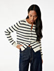 Uzun Kollu Düğmeli Bisiklet Yaka Çizgili Triko Hırka