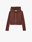 Kapüşonlu Fermuarlı Uzun Kollu Modal Karışımlı Crop Sweatshirt