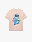 Stitch Lisanslı Kısa Kollu Bisiklet Yaka Baskılı Oversize Tişört
