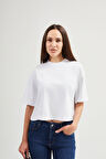 Lucia 82001 Oversize Crop Beyaz Kadın Basic T-Shirt
