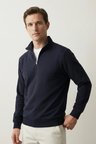 elemge Pamuklu Erkek Sweatshirt Lacivert Soft Touch Relax Fit Yarım Fermuarlı Dik Yaka 3 Iplik Nefes Alan