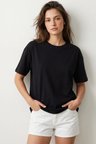 elemge %100 Pamuk Süprem Tok Kumaş Kadın Boxy Fit Siyah T-Shirt Bol Kesim Düşük Omuzlu Bisiklet Yaka Tişört