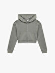 Rahat Kalıp Kanguru Cepli Fermuarlı Yıkamalı Kapüşonlu Crop Sweatshirt