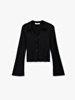 Slim Fit Uzun Kollu Düğmeli Dokulu Klasik Yaka Bluz