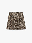 Yüksek Bel Leopar Desenli Taş Detaylı Mini Etek