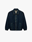Gömlek Yaka Cepli Fermuarlı Oversize Bomber Jean Ceket