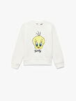 Lisanslı Tweety Baskılı Uzun Kollu Bisiklet Yaka Sweatshirt