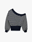 Çizgili Uzun Kollu Kayık Yaka Rahat Kalıp Omzu Açık Crop Sweatshirt