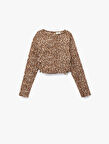 Leopar Desenli Uzun Kollu Bisiklet Yaka Crop Bluz