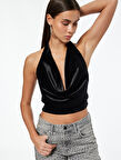 Slim Fit Degaje Yaka Kolsuz Crop Kadife Bluz