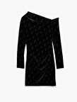Slim Fit Uzun Kollu Taşlı Tek Omuz Mini Kadife Elbise