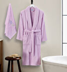 Bornoz - Nakışlı Havlu Seti Cora Leylak L/XL+45x85cm