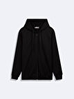 Kapüşonlu Fermuarlı Basic Siyah Sweatshırt