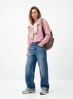 Regular Fit Sign Baskılı Bisiklet Yaka Pembe Sweatshırt