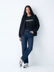 Relaxed Fit Fermuarlı Kapüşonlu Siyah Sweatshırt
