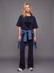 Relaxed Fit Kadife Yazı Baskılı Lacivert T-shırt
