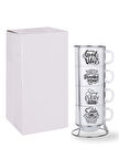 DeepCraft Stantlı 4'lü Fincan Seti Çıkmaz Baskılı Good Vibes Motto Desenli 4 Adet Fincan Seti 190 ml