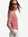 Koton X Sibil Çetinkaya - Slim Fit Drape Detaylı Çizgili Omzu Açık Bluz