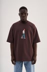 Erkek Minimal Baskılı ve Nakışlı Oversize Tişört Kahverengi
