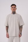 Erkek Yıkamalı Basic Oversize Tişört Açık Bej Efektli