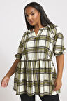 Büyük Beden Kısa Kollu V Yaka Fırfırlı Beli Lastikli Kareli T-shirt 322964