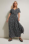 Büyük Beden V yaka Kısa Kollu Beli Kuşaklı Çiçek Desenli Maxi Elbise 304081