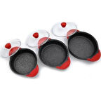 Burak Eda 3'lü Granit Döküm Sahan Seti Cam Kapaklı Gri Slikon Saplı