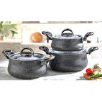 Burak Eda 3'lü Granit Derin Tencere Seti Cam Kapaklı Döküm Gri 16-18-20 Cm