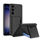 Galaxy S24 Suni Deri Arka Yüzey Sürgülü Kamera Korumalı Kartlıklı Kıpta Silikon Kapak