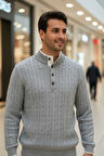 Ayon Gri Renk Düğmeli Yaka Saç Örgü Kaşmir Triko