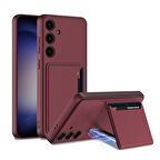 Galaxy S24 Plus Suni Deri Arka Yüzey Sürgülü Kamera Korumalı Kartlıklı Kıpta Silikon Kılıf