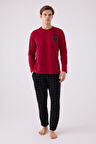 Erkek Bordo Ekoseli ve Cepli Uzunkol Pijama Takım, %100 Pamuklu