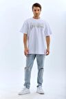 Unisex Oversize Taşlı Bisiklet Yaka T-Shirt - Beyaz