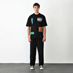 Unisex Bisiklet Yaka Baskılı Oversize T-Shirt - Siyah