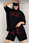 Kadın Unisex Nakış İşlemeli Şort Takım - Siyah
