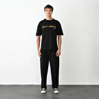 Unisex Bisiklet Yaka Baskılı Oversize T-Shirt - Siyah